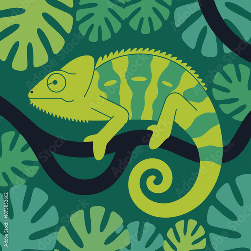 Bright green chameleon camouflages perfectly among tropical monstera leaves on a branch, showcasing amazing natural adaptation.