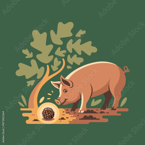 Brown pig searches for a valuable truffle underground beneath a large oak tree, illustrating a traditional and natural foraging scene.