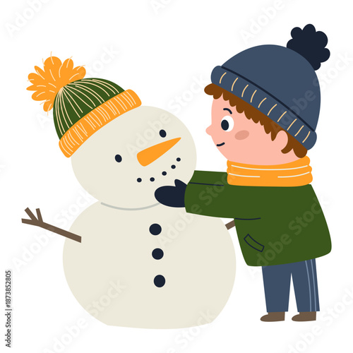 A cute boy is building a snowman. A flat vector illustration in a simple children's style. Vector illustration