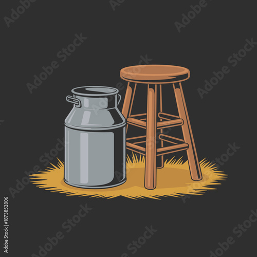 Rustic farm scene featuring a classic metal milk jug next to a wooden milking stool resting on a patch of golden hay in a dark barn setting.