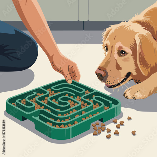 Golden retriever dog curiously watching a green maze-shaped slow feeder bowl being filled with kibble on a light floor in a home environment.