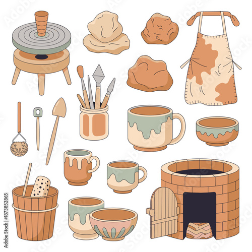 Selection of ceramic pottery items and tools including a potter wheel, kiln, clay, mugs, and bowls in a hand-drawn style with soft pastel colors.