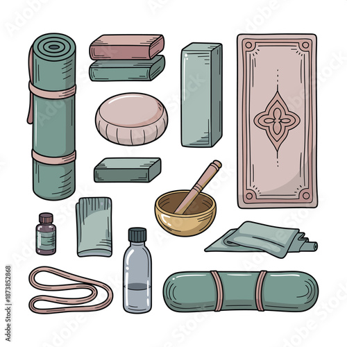 Essential yoga and meditation equipment including colorful mats, blocks, a bolster, singing bowl, and wellness bottles on a clean white background.