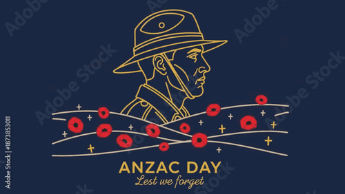 Anzac Day Gold Linear Soldier Vector. Modern Golden Digger Profile with Red Poppies on Dark Blue Background