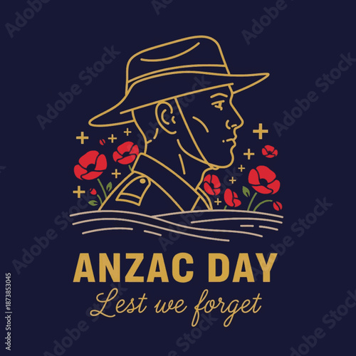 Anzac Day Memorial Poster Design with Gold Linear Soldier and Red Poppies. Vertical Vector Tribute Card