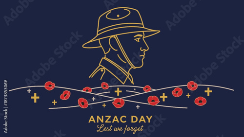 Anzac Day Soldier Profile Linear Vector Illustration.