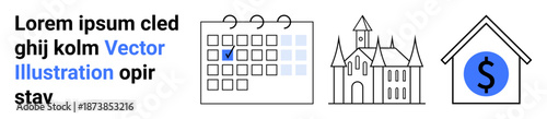 Finance, property value, real estate, planning, religious events, scheduling. Image showing a marked calendar, a church building and a dollar symbol on a house icon. Financial planning