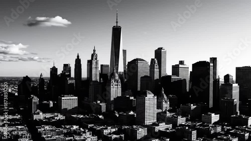 Dramatic black and white aerial view of the lower manhattan skyline featuring the iconic one world trade center tower against a bright sky