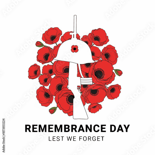 Remembrance Day vector tribute featuring a battlefield cross helmet with a red poppy badge on a rifle amidst a cluster of flowers and Lest We Forget text.