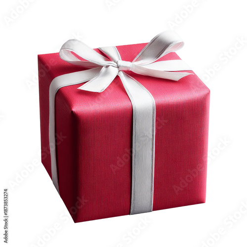 Vibrant Red Gift Box with Elegant White Ribbon and Bow, Isolated on a Clean White Background, Ready for Celebrations and Special Occasions.