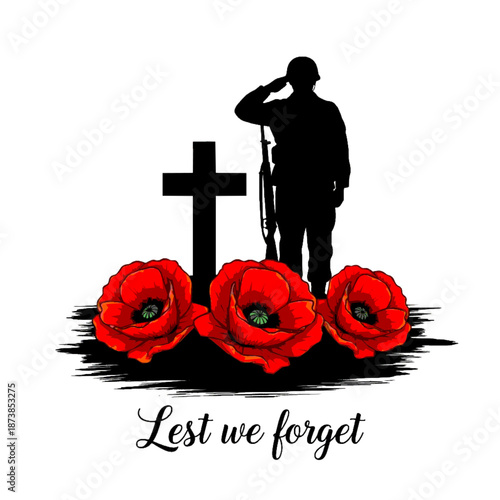 Anzac Day vector illustration of a saluting soldier silhouette by a memorial cross with red poppies and Lest We Forget typography for remembrance tribute.