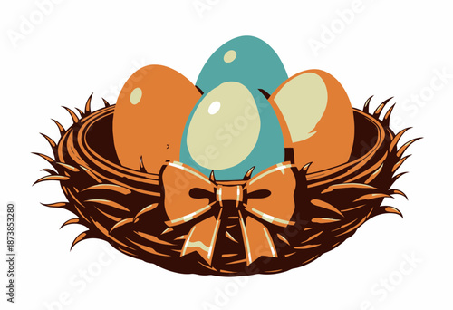 Colorful Eggs Nestled in Decorative Wicker Nest with Vibrant Bow for Easter Celebration or Springtime Decoration