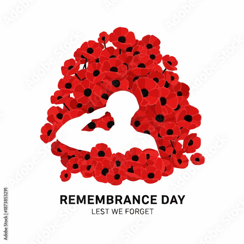 Remembrance Day vector tribute featuring a negative space silhouette of a saluting soldier surrounded by a cluster of red poppies