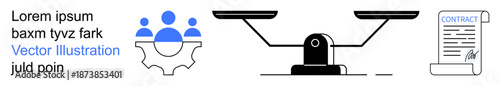Law, justice, teamwork, collaboration, fairness, legal agreements. ion of human icons on gears, scales and a signed document. Fairness and legal agreements through balanced scales and documents