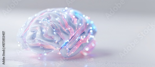 Glowing holographic AI brain displayed on a bright white surface, delicate neon blue and pink circuits, minimalistic futuristic tech, soft shadows