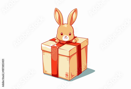 Adorable Bunny Peeking from Inside a Decorated Gift Box with Bright Red Ribbon on White Background