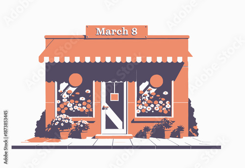 Charming Flower Shop with Vibrant Blooms and Red Awning Displaying the Date March 8, Featuring Potted Plants and Sunlit Windows in a Quaint Street Scene