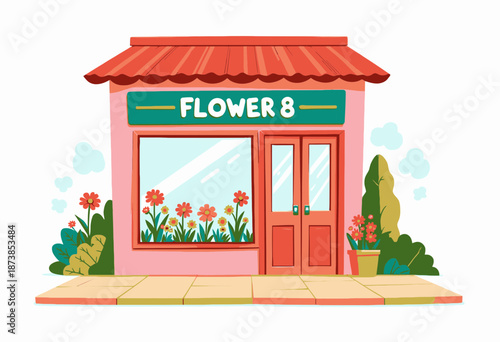 Charming Flower Shop with Vibrant Display of Blossoms and Green Foliage Adorning a Quaint Street Corner Under a Bright Red Roof