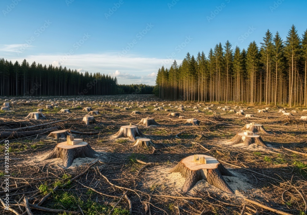 Obraz premium Forest edge with a clearcut area full of tree stumps and logs