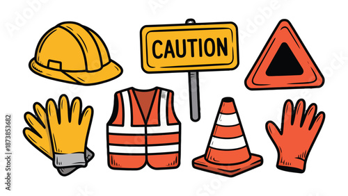 Safety First: A visual of essential construction and safety gear, including a hard hat, warning sign, reflective vest, gloves, and traffic cone.