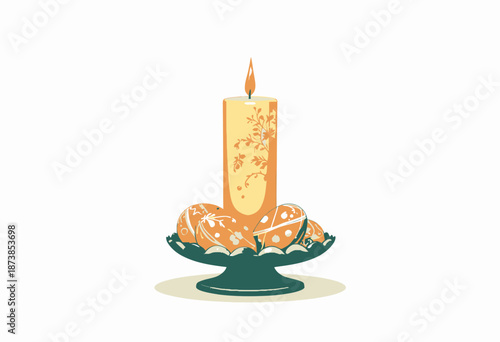 Ornate Candle and Decorative Eggs Displayed in a Beautifully Crafted Candle Holder with Floral Motif in a Serene Setting