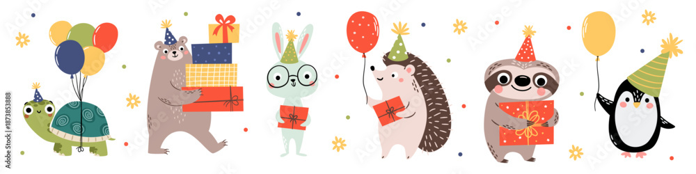 Fototapeta premium A set of cute vector illustrations in a simple children's style. Animals celebrating a birthday: a bear, a turtle, a hedgehog, a rabbit, a penguin, and a sloth. Balloons, gifts. Vector illustration