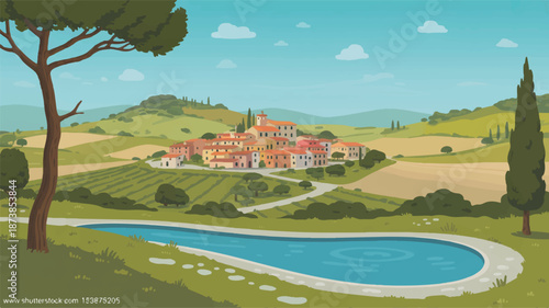 Idyllic Italian Village Landscape with Rolling Hills and Pond italy