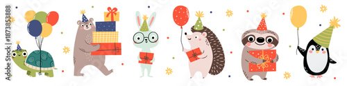 A set of cute vector illustrations in a simple children's style. Animals celebrating a birthday: a bear, a turtle, a hedgehog, a rabbit, a penguin, and a sloth. Balloons, gifts. Vector illustration