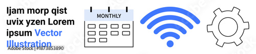 Monthly calendar, wireless icon, and gear symbol for planning, connectivity, and configuration. Ideal for productivity, remote work, technology, automation planning networking simple landing page