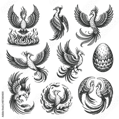 Mythical phoenix bird illustrations in various flying poses along with a decorative phoenix egg in black and white woodcut style.