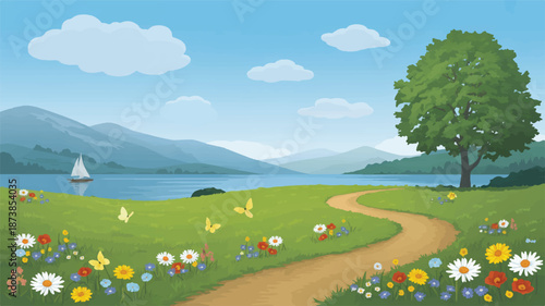 Idyllic Lakeside Landscape with Sailing Boat and Wildflowers water nature