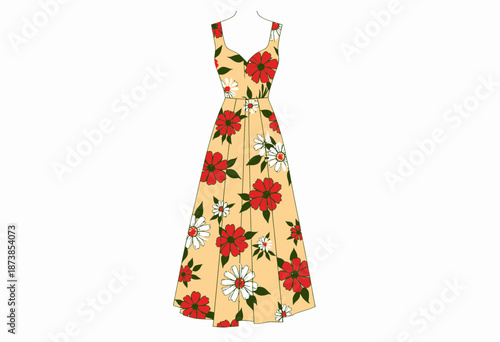 Elegant Sleeveless Dress with Bold Red and White Floral Patterns on a Soft Yellow Background for Summer Fashion