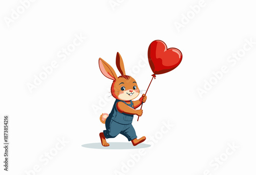 Illustration of a joyful bunny in denim overalls holding a heart-shaped red balloon while happily skipping on a white background