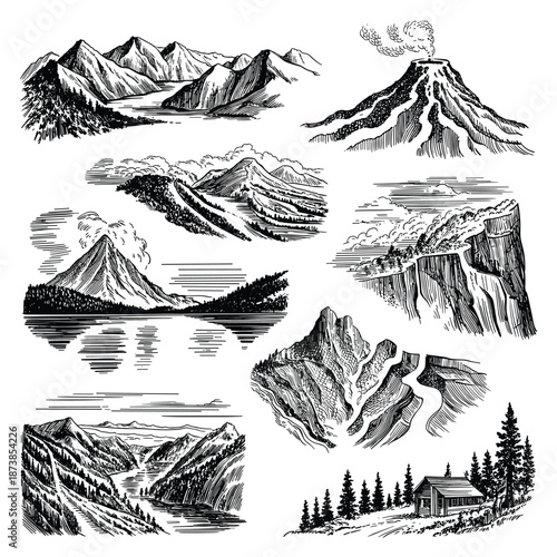 Scenic mountain landscape sketches including rugged peaks, a smoking volcano, and a quiet cabin in a vintage black and white style.