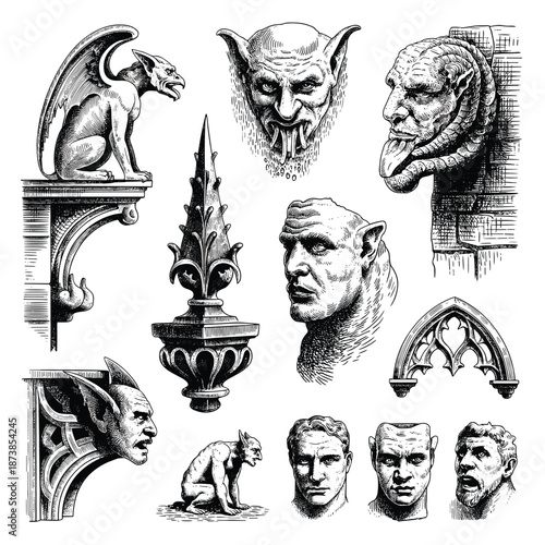Gothic architectural gargoyles and decorative stone faces illustrated in a detailed black and white vintage engraving style.