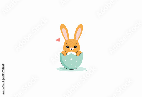 Adorable illustration of a cute rabbit popping out of a dotted egg with a small heart floating nearby on a clean white background