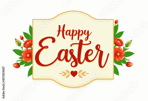 Elegant Easter Greeting Card with Floral Decorations Featuring Vibrant Flowers and Leaves on a Beige Background