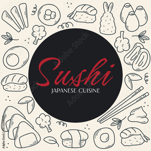 Square Japanese cuisine template. Sign, advertising brochure, flyer for sushi restaurant. Asian cuisine background, vector graphics