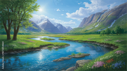 Lush green mountain valley with winding river and wildflowers under blue sky mountains