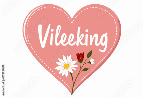 Heart-Shaped Design Featuring Playful Text and Floral Elements in Whimsical Style with Bold Colors and Stitched Border Details for Visual Appeal