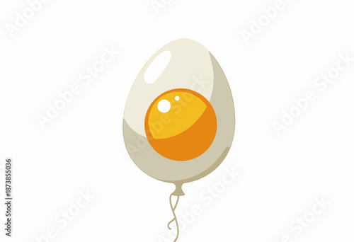Illustration of a Floating Balloon Shaped Like an Egg with a Bright Yellow-Yolk Design and a Long Curly String Tail on a Minimalist White Background
