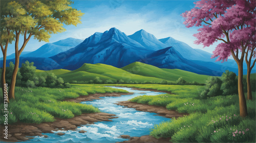 Majestic blue mountains rise behind rolling green hills and a flowing river with colorful trees Keywords: mountains, blue mountains