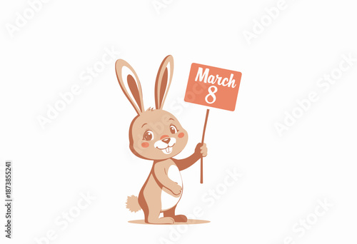 Adorable cartoon bunny celebrating a special day by holding a small sign with date March 8, showcasing charm and cuteness for an affectionate occasion