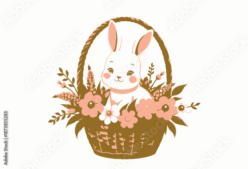 Adorable White Bunny in Woven Basket Adorned with Vibrant Colorful Flowers and Delicate Greenery, Creating a Perfectly Charming and Nature-Inspired Scene