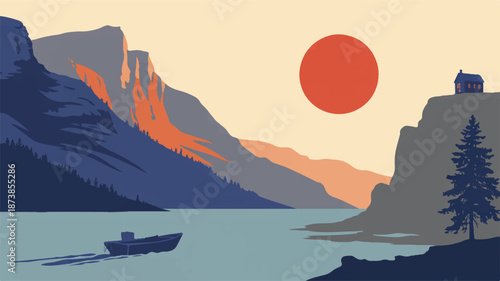 Minimalist Mountain Lake Scene with a Boat and a Lone House at Sunset water cabin