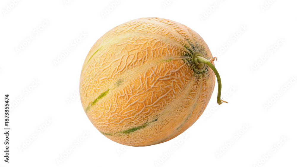 Obraz premium Fresh melon with orange skin and green stripes isolated on transparent background