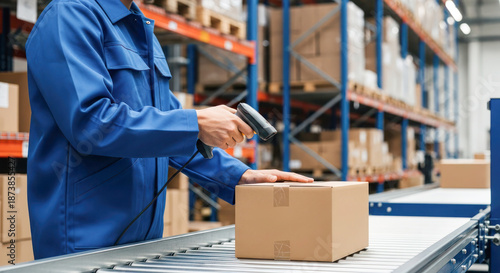 Warehouse worker scanning package with barcode scanner on conveyor belt in distribution center, ensuring efficient inventory management process