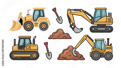 Construction Site Essentials: A vibrant illustration showcasing an array of construction equipment, depicting the core elements of a busy construction site.