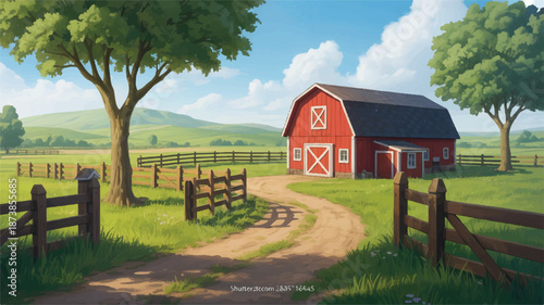 Red barn and wooden fences on a sunny farm with green rolling hills rural countryside