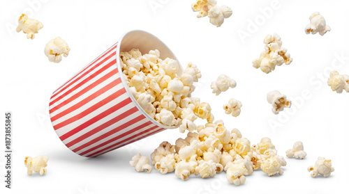 Photos A red and white striped bucket is overflowing with popcorn, spilling onto a white surface with individual pieces scattered dynamically